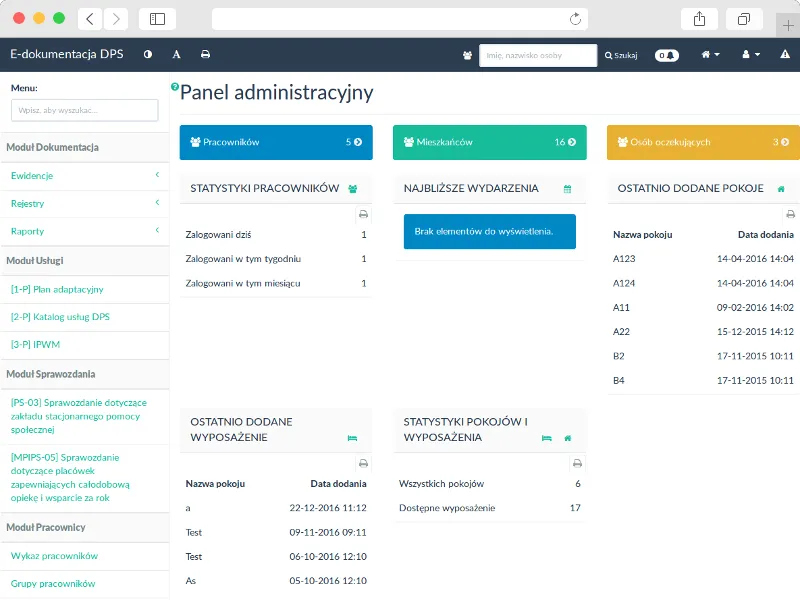 DPSP - panel główny systemu zarządzania domami pomocy społecznej