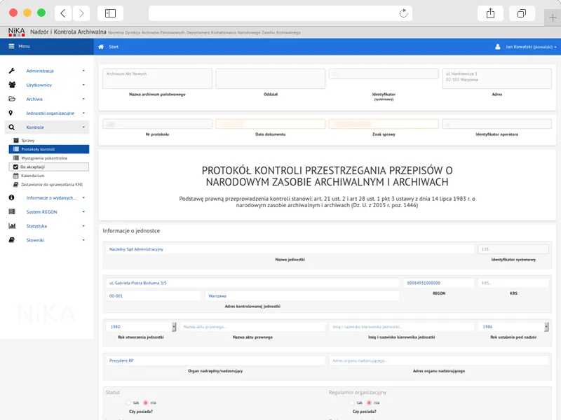 NiKA - formularz protokołu kontroli