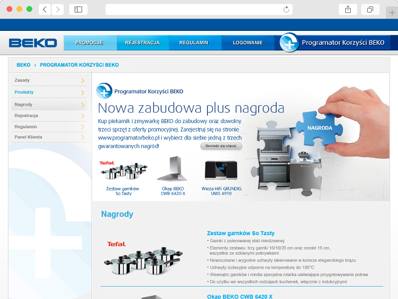 Strona nagród z wyborem przy rejestracji